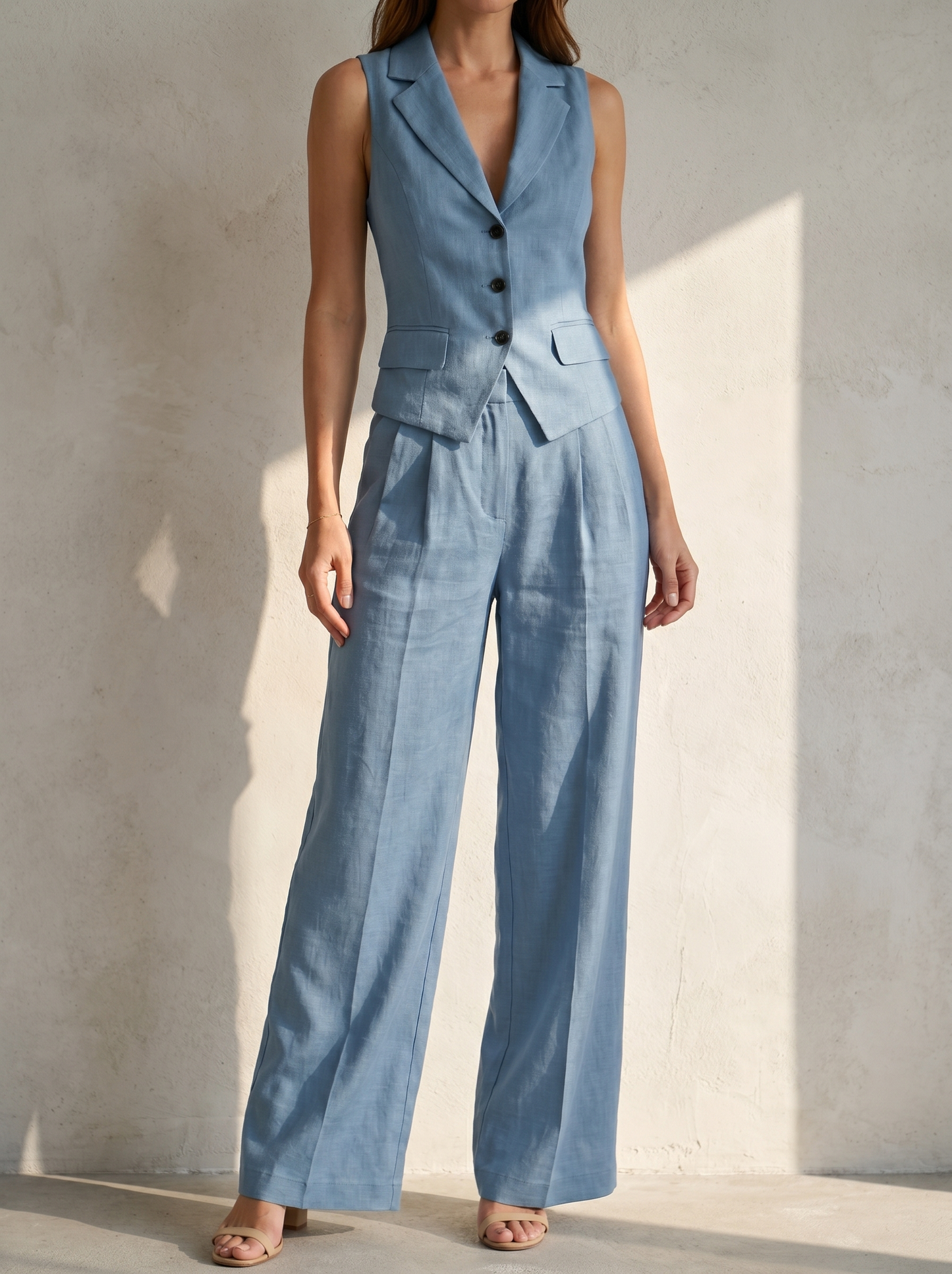 Traje de dos piezas con cuello en V y botones