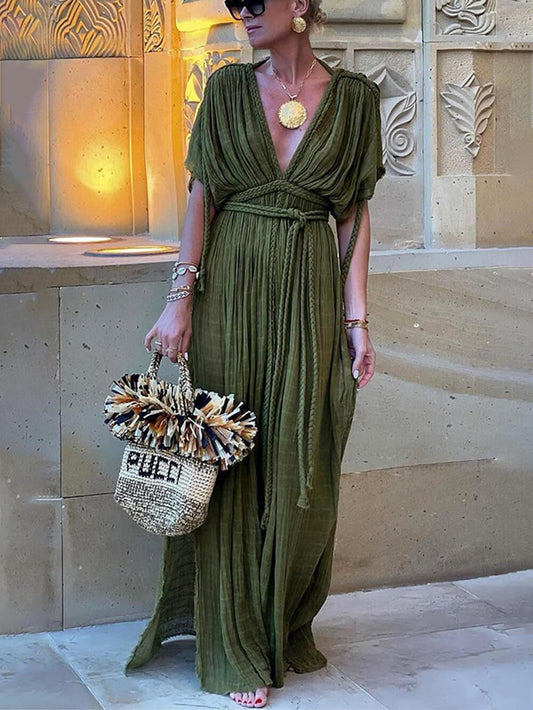 Elena | Vestido Maxi con Abertura, Kimono y Trencitas