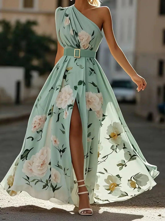 Julie | Vestido Maxi de Chiffon Floral con Hombros Descubiertos Verde Claro
