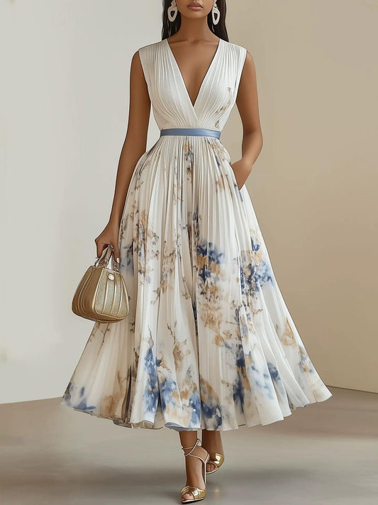 Chloe | Vestido Midi Plisado de Chiffon Floral Blanco con Escote en V