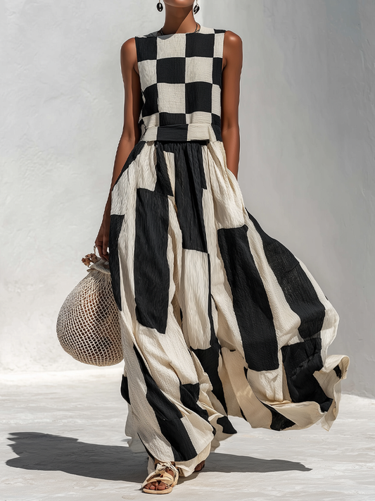 Greta | Vestido Maxi Sin Mangas de Cuadros Blanco y Negro de Encanto Contemporáneo