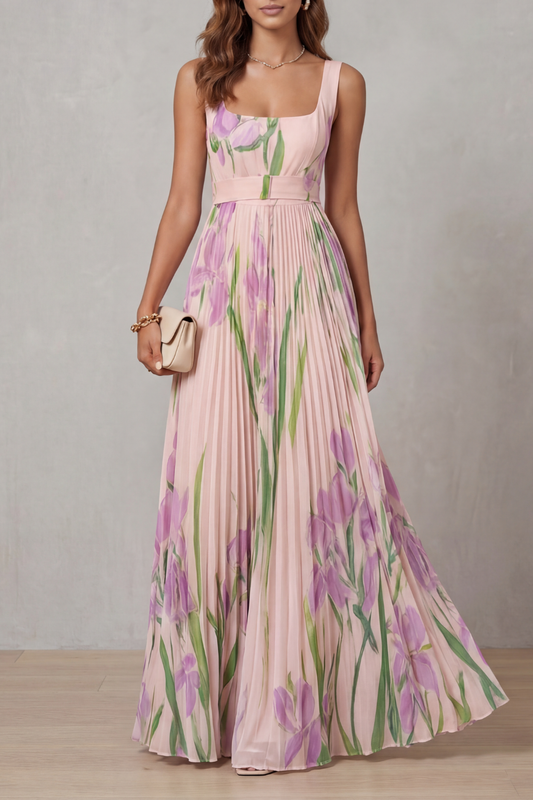 Viviana | Vestido Maxi Plisado Floral Acuarelado
