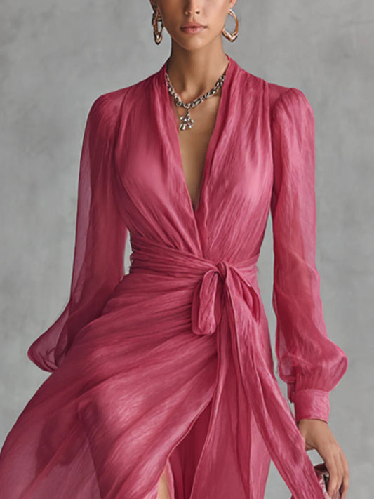 Beatrice | Vestido Largo de Chiffon Elegante con Escote en V y Cintura para Anudar