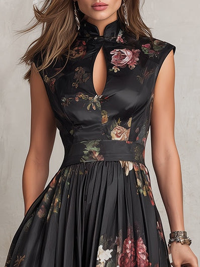 Patricia | Vestido Midi Plisado de Satén Floral Negro