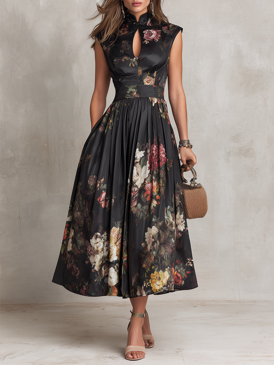 Patricia | Vestido Midi Plisado de Satén Floral Negro