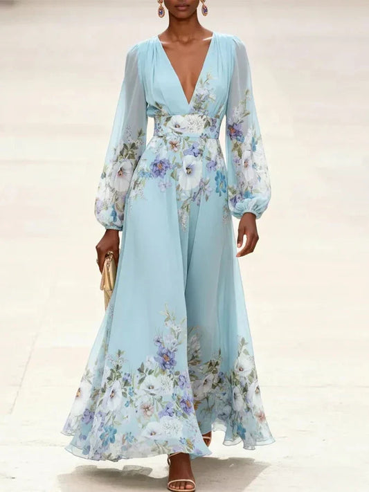 Mia | Vestido Maxi de Chiffon Floral Azul Claro con Escote en V