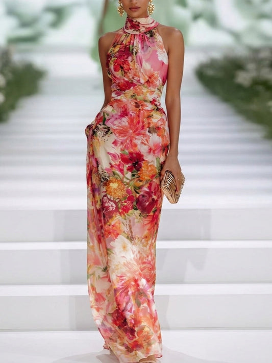 Fae | Vestido Maxi Sin Mangas de Chiffon Rojo Floral