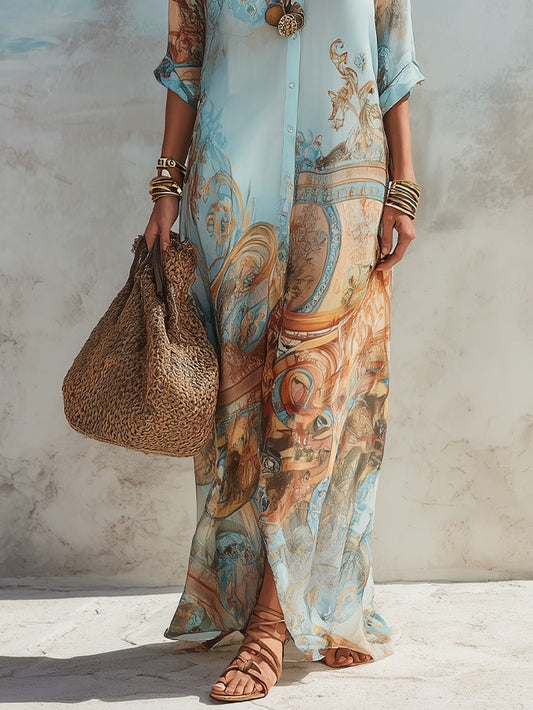 Arabella | Vestido Maxi Camisero con Estampado Barroco de Encanto Oriental