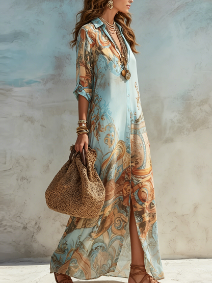 Arabella | Vestido Maxi Camisero con Estampado Barroco de Encanto Oriental