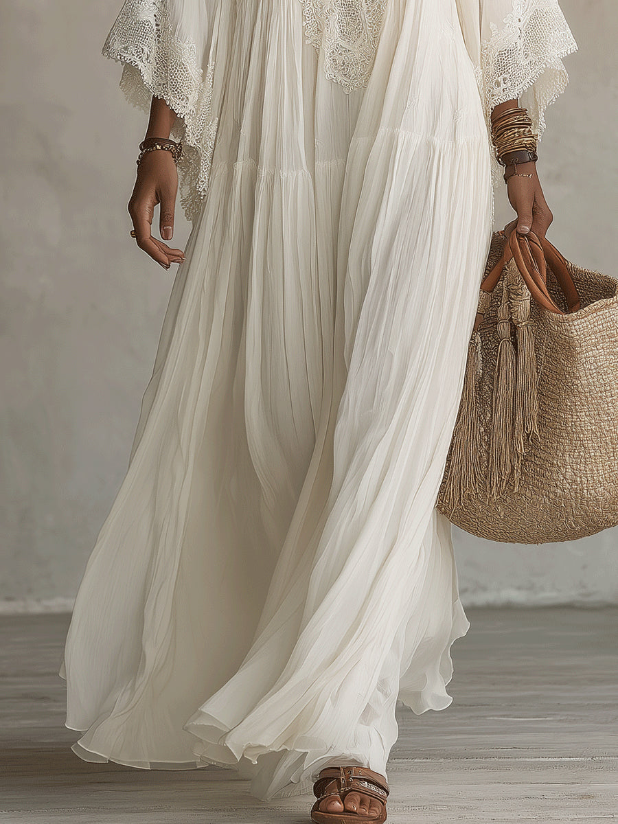 Celeste | Vestido Largo de Chiffon Marfil con Mangas Murciélago y Encaje Blanco