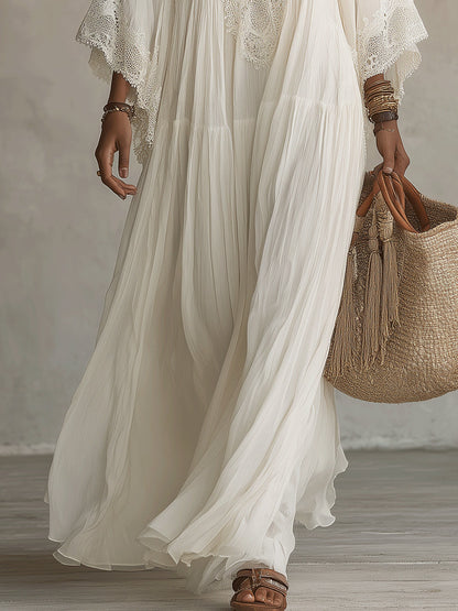 Celeste | Vestido Largo de Chiffon Marfil con Mangas Murciélago y Encaje Blanco