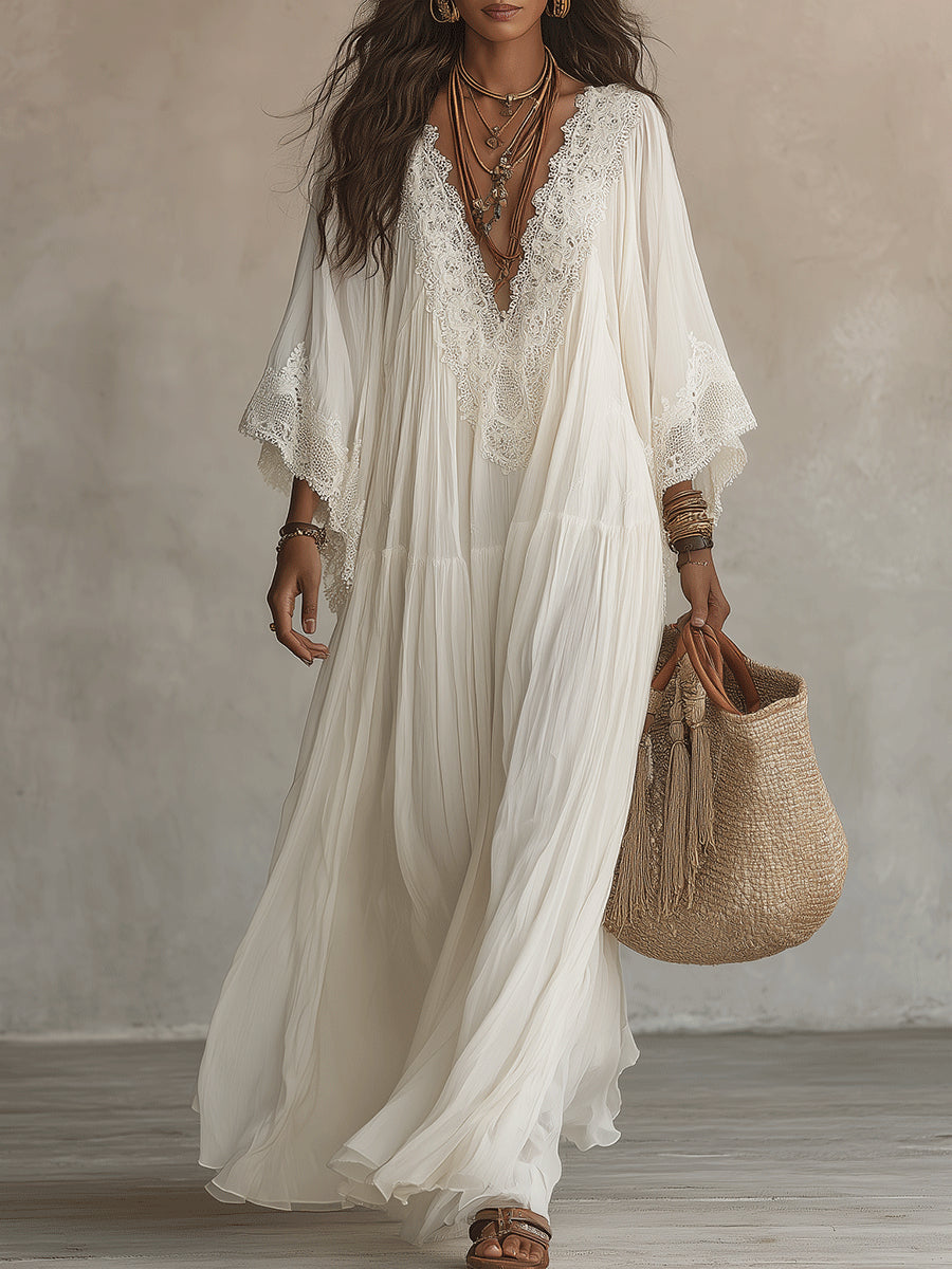 Celeste | Vestido Largo de Chiffon Marfil con Mangas Murciélago y Encaje Blanco
