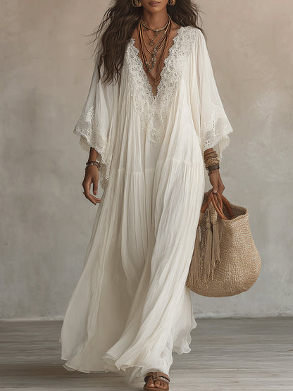 Celeste | Vestido Largo de Chiffon Marfil con Mangas Murciélago y Encaje Blanco