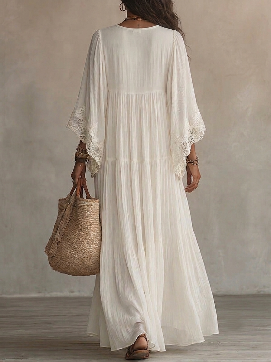 Celeste | Vestido Largo de Chiffon Marfil con Mangas Murciélago y Encaje Blanco