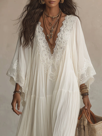 Celeste | Vestido Largo de Chiffon Marfil con Mangas Murciélago y Encaje Blanco
