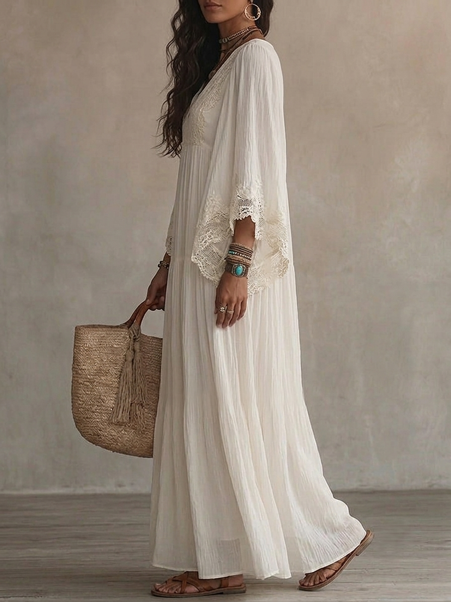 Celeste | Vestido Largo de Chiffon Marfil con Mangas Murciélago y Encaje Blanco