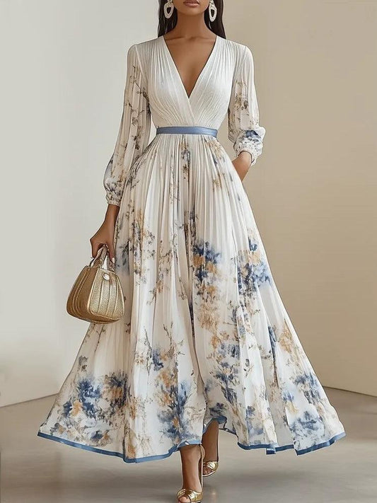 Amalia | Vestido Maxi de Chiffon Floral Blanco con Mangas Voluminosas
