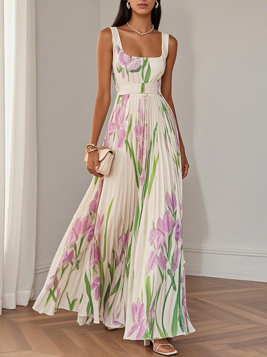 Marie | Vestido Maxi de Chiffon Floral Plisado Blanco