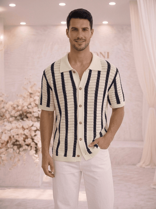 Camisas de ganchillo a rayas,con botones, de punto, manga corta, informal