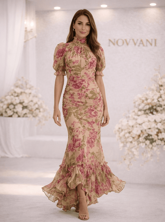 LUCIA | Vestido largo con estampado de rosas vintage y mangas abullonadas