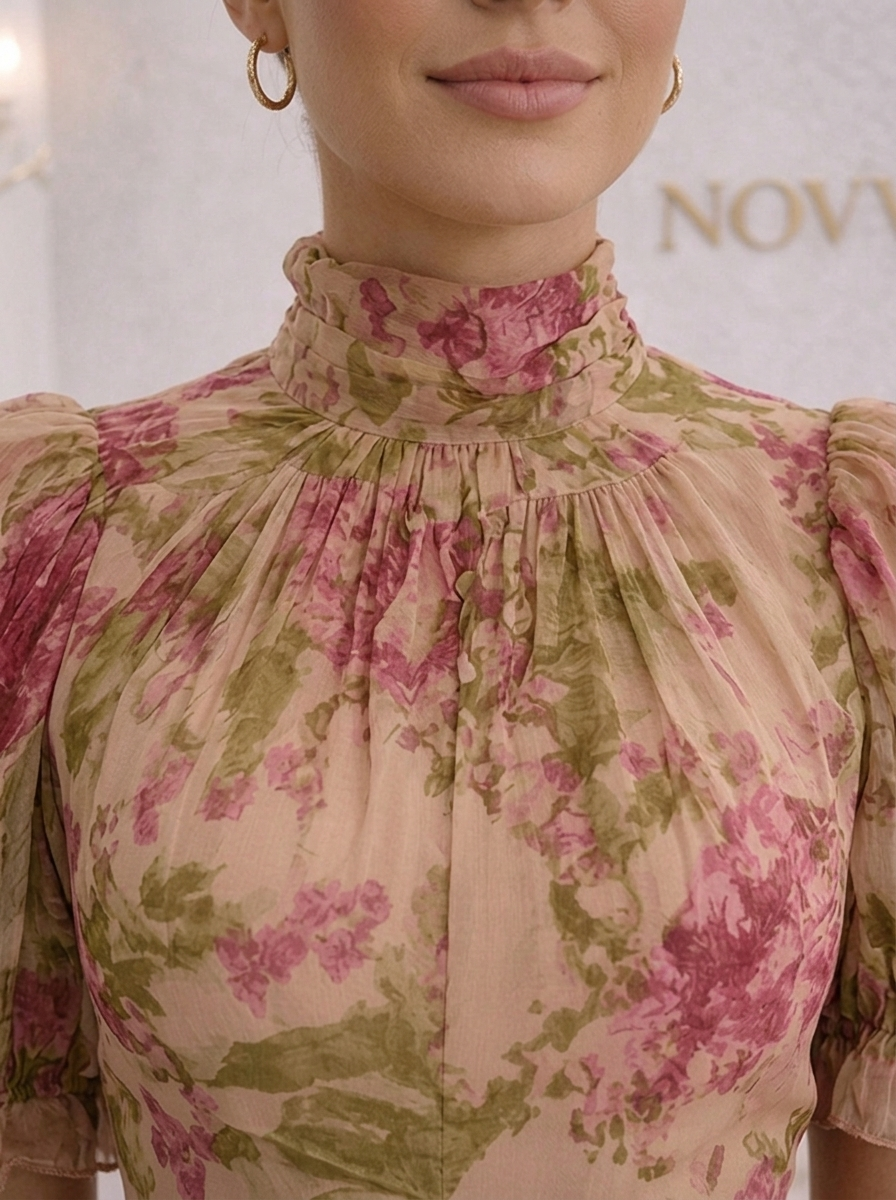 LUCIA | Vestido largo con estampado de rosas vintage y mangas abullonadas