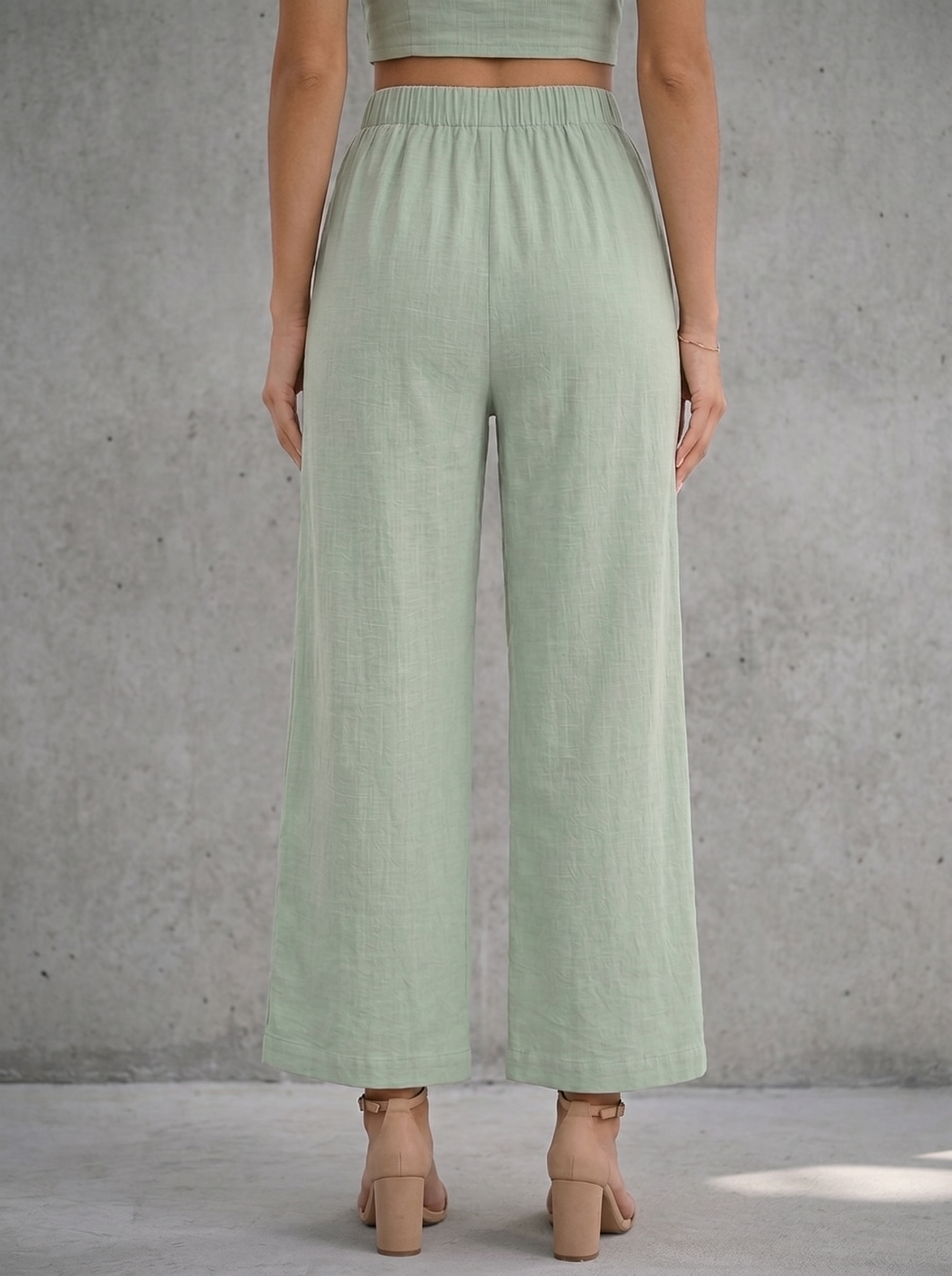 Pantalones de cintura alta, pierna ancha, elásticos con cordón