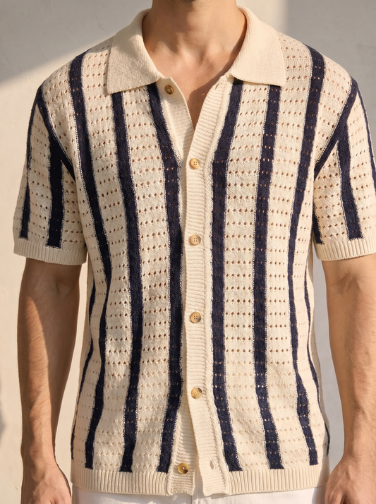 Camisas de ganchillo a rayas,con botones, de punto, manga corta, informal