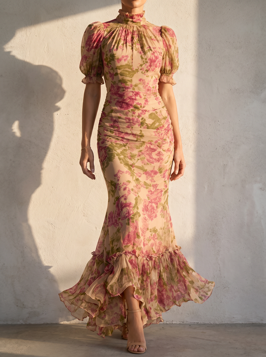 LUCIA | Vestido largo con estampado de rosas vintage y mangas abullonadas