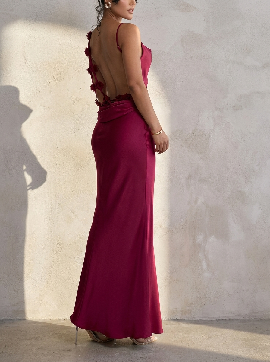 Patricia | Vestido Maxi Sirena con Encaje Floral 3D, Cuello de Falsa Cebolla en Seda